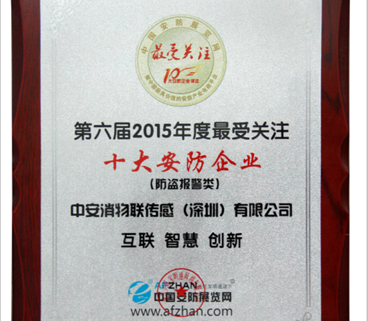 中安消物聯(lián)傳感榮獲“2015年度最受關(guān)注十大安防企業(yè)”稱(chēng)號(hào)